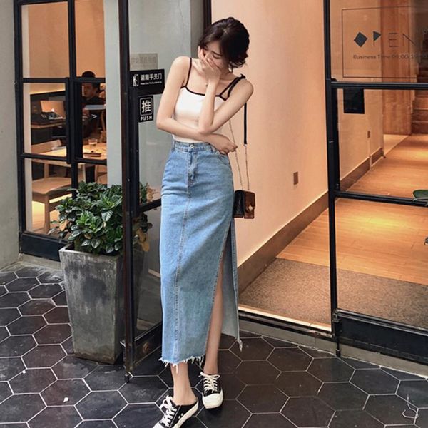 

skirts spring and summer fashion skirt side split denim women's mid long holiday show thin package hip trend, Black