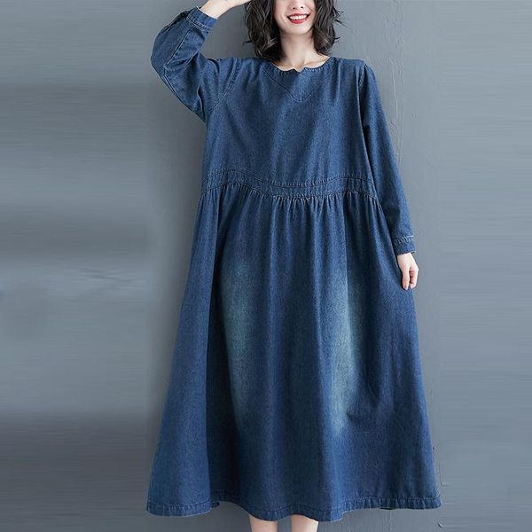 

casual dresses johnature long sleeve denim loose plus size 2021 spring dress vintage solid color o-neck all-match women, Black;gray