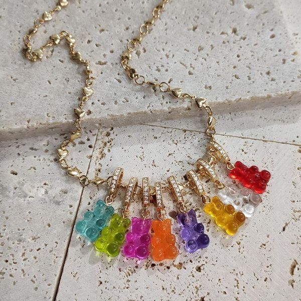 

chains trendy multicolor resin bear zircon pendant pearl chain necklace for women girls gummy charm party jewelry, Silver
