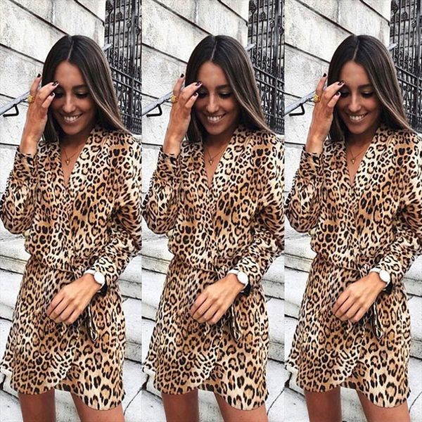 

party v neck leopard womens dress print shirt spring office elegant ladies wrap loose mini, Black;gray
