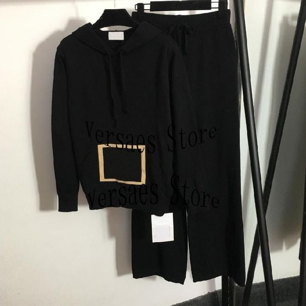 

women's two piece pants 21 luxury design letter jacquard fashion long sleeve hooded knitted sweater + high waist and wide leg set, White