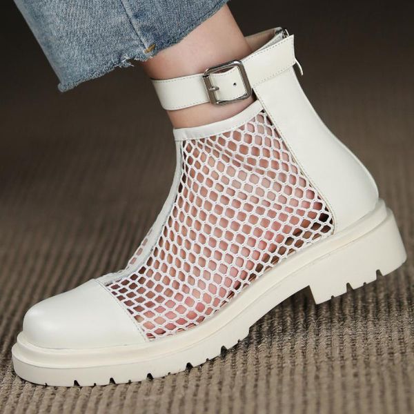 

boots women's genuine leather mesh patchwork ankle strap flats aummer round toe breathable casual short booties punk shoes, Black