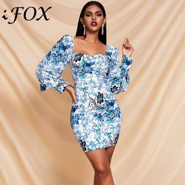 

casual dresses ifox slash neck bm style women dress 2021 elegant long sleeve floral printed sheath party real po, Black;gray