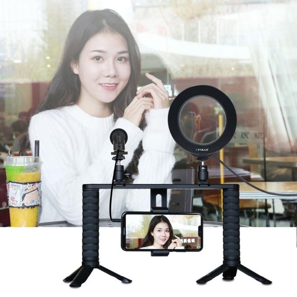 

tripod heads puluz 4 in 1 live broadcast ring led selfie light with video bracket kits+microphone+mount+cold shoe head holder