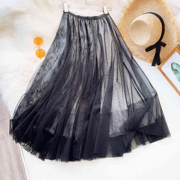 

skirt korean style 2021 spring summer calf-length skirt stylish high-waisted female elastic waistline 3 layers mesh, Black