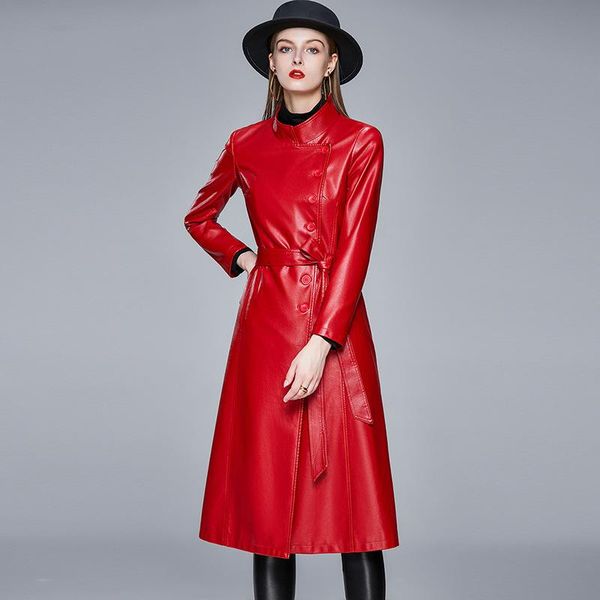 

women's leather & faux long black trench coats women stand collar sleeve plus size lining jacket casaco feminino