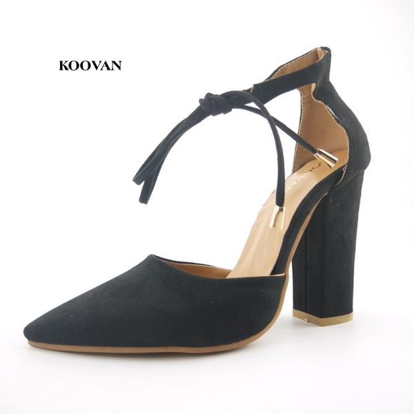 

koovan women high heel sandals 2021 pointed suede thick heels lace women's shoes pumps strap fashion scrub larger size 34-43, Black