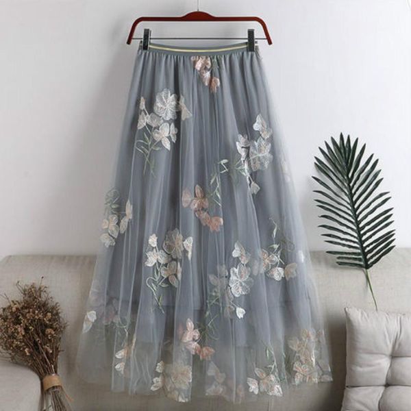 

skirts 2021 women autumn winter elegant mesh skirt female embroidery elastic high waist pleated lady casual loose slim falda g324, Black