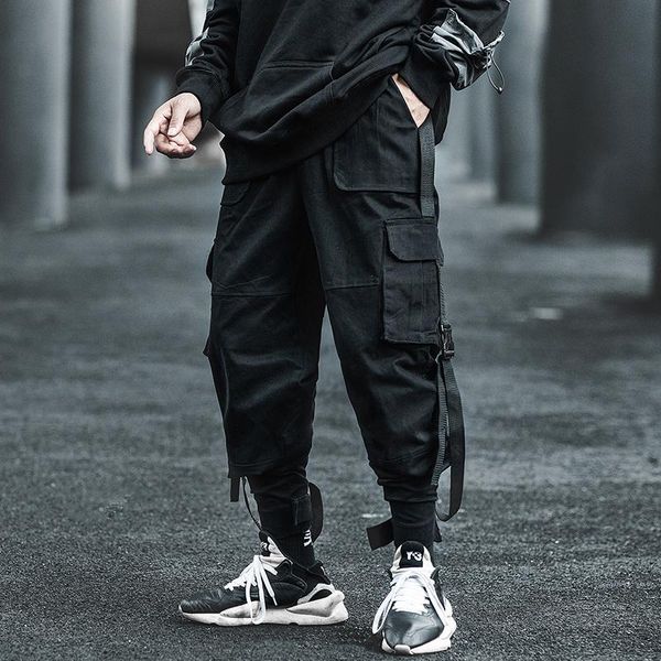 

autumn hip hop joggers men pants ribbons multi-pocket elastic waist sweatpants male streetwear cargo men's, Black