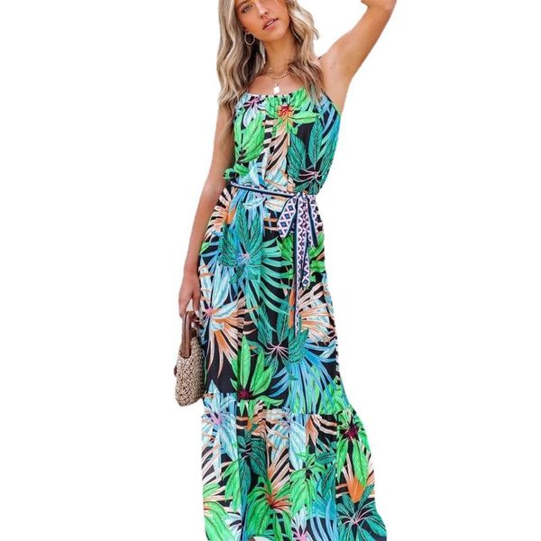 

casual dresses summer maxi for women urban leisure plant print big swing suspender long dress spaghetti strap boho loose, Black;gray