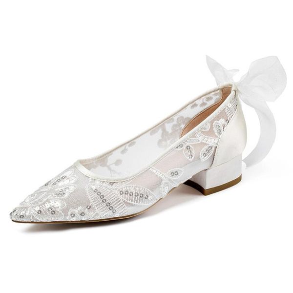 

dress shoes low heels women pumps pointed toe mesh embroider block heel white lace wedding birdal ribbon bow ladies, Black