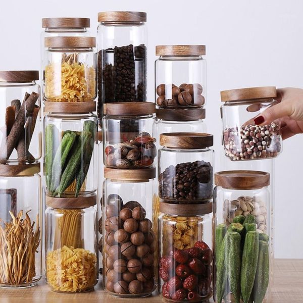 

storage bottles & jars 3 pcs wood lid glass airtight canister kitchen food container grains tea coffee beans jar