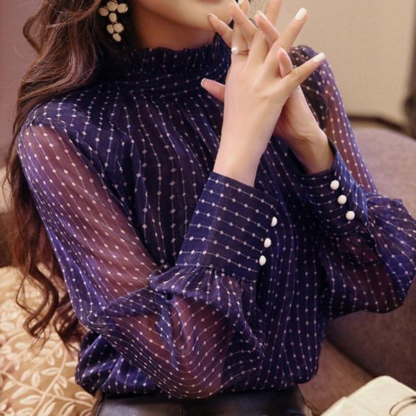 

women chiffon blouse sweet elegant white polka dots stand collar long sleeve office blouses blusas mujer #c women's & shirts