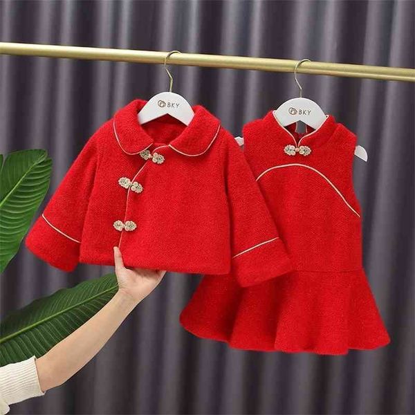 Baby Mädchen Kleid Chinesische Rote Tang Anzüge Winter Traditionelles Jahr Kleidung Kleinkind Verdicken Woolen Warme Weste Kleid + Mantel Set 210701