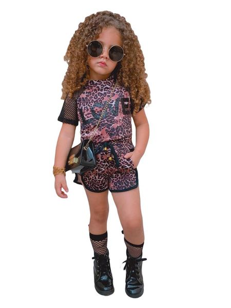 

clothing sets toddler summerÂ outfit leopard print stand collar short sleeves t-shirt and shorts for girls, White