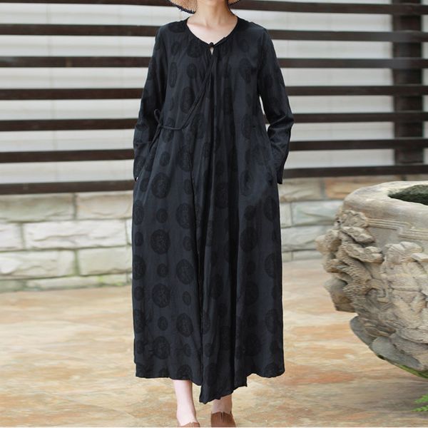 

johnature autumn fashion a buckle floral print pockets o-neck women dress loose comfortable long sleeve female dresses 210521, Black;gray