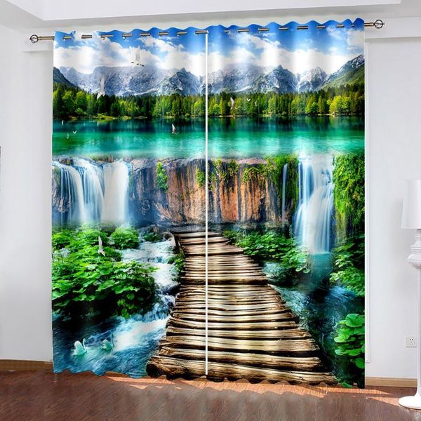 Cortina cortinas paisagem blackout caverna cachoeira sala de estar quarto poscolas posces 3d impressão simples janela verde sombreamento