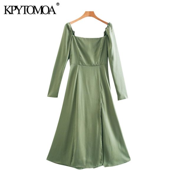 

women elegant fashion with square collar front slit midi dress back elastic zipper female dresses mujer 210420, White
