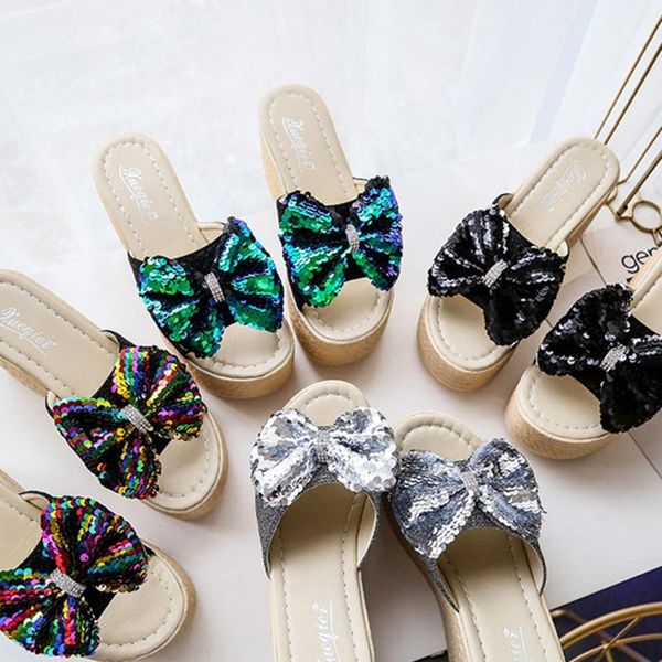 

dress shoes women sandals lady summer bow knot bling slipper peep toe high heel platform wedges sandal female beach c50#, Black