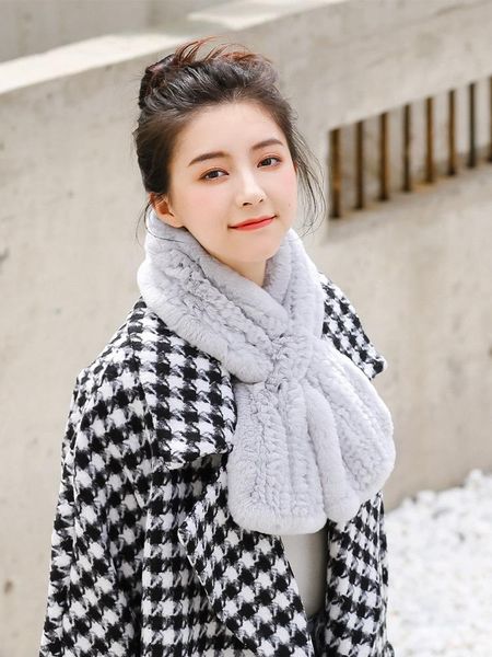

scarves real rex fur scarf women winter thicken handmade knit solid collar neck warmer gift, Blue;gray