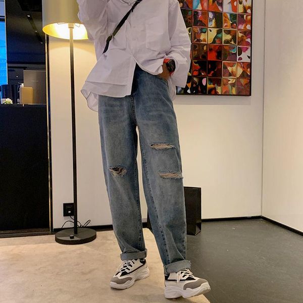 

men's jeans hip-hop ins mens korean fashoins harem blue pants vintage straight harajuku baggy belt denim