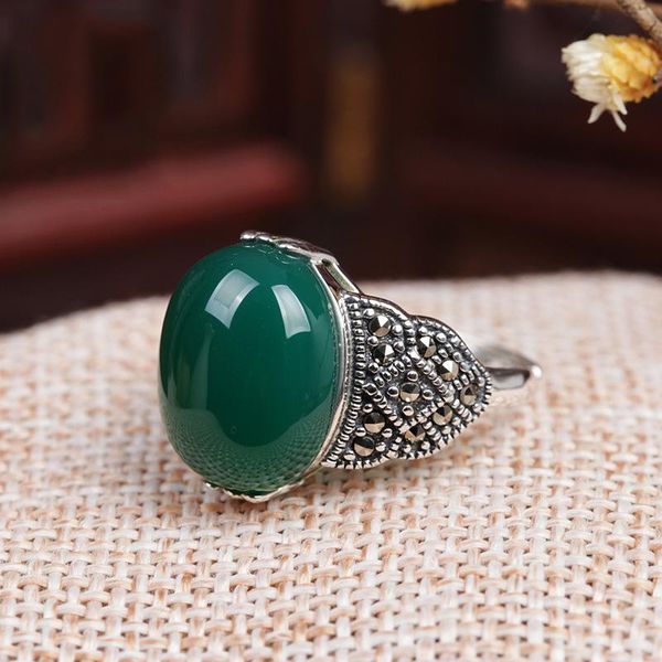 

cluster rings vintage thai silver natural red garnet classic big gemstone ring for women 925 sterling color green jade wedding, Golden;silver