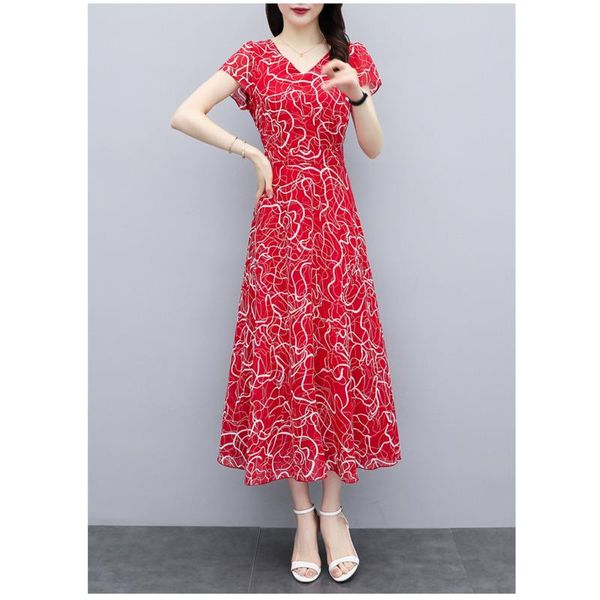 

casual dresses wllwlp 2021 summer korean fashion large size printed dress women's short sleeve high waist long a027, Black;gray