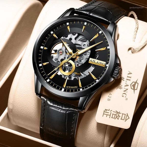 

automatic mechanical men's watch hollow stainless steel luminous waterproof leather strap business 205 wristwatches, Slivery;brown