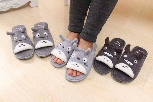 

cute totoro cartoon winter plush couple shoes lovely home floor non-slip bedroom keep warm soft slipper women men slippers, Black