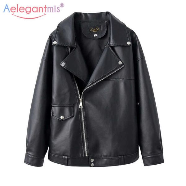 

aelegantmis brand faux leather jacket women loose motorcycle coat winter autumn black pu outerwear fashion streetwear 210607