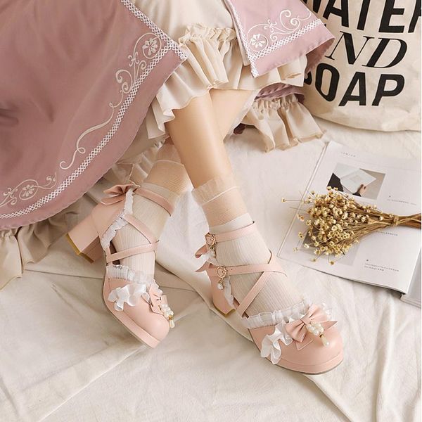 

sandals kawaii sweet lolita shoes mary jane princess powder bow lace wedding cosplay uniform high heels large size 48, Black