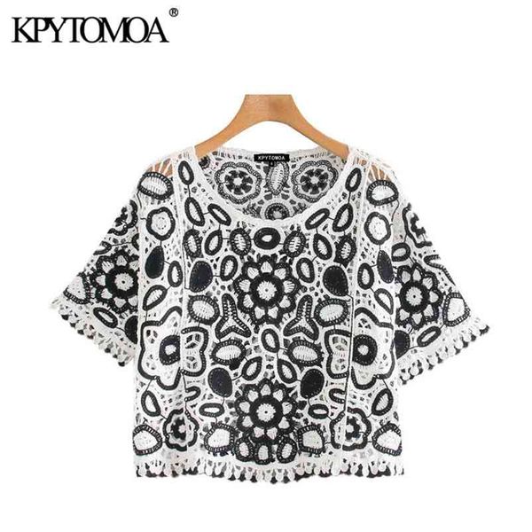 

women fashion with pompom crochet cropped knitted sweater vintage o neck short sleeve female pullovers chic 210420, White;black