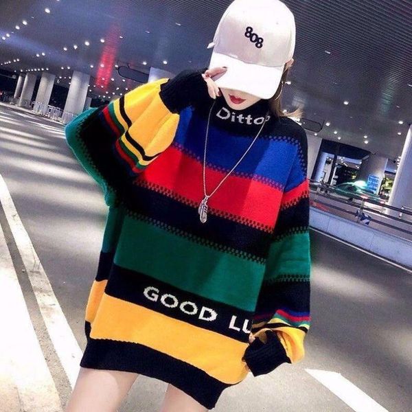 

women's sweaters women korean version loose long sleeve pullover lazy rainbow mid-length turtleneck sweater autumn and winter 2021, White;black