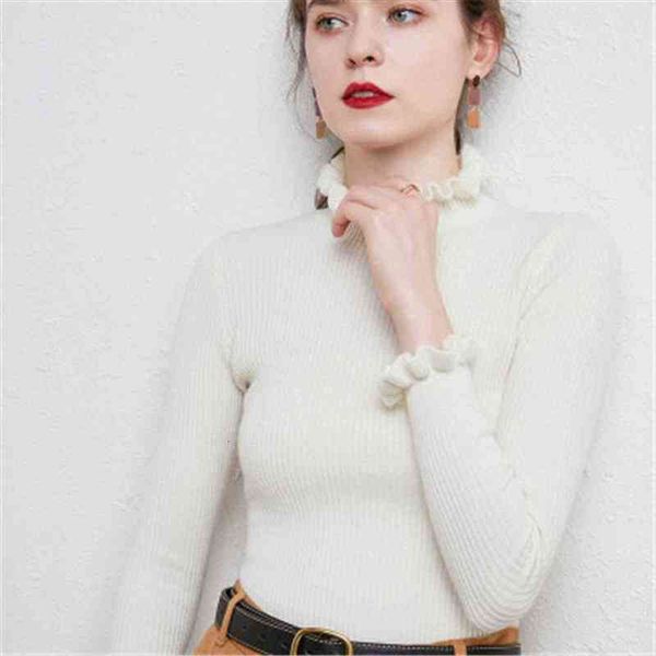 

turtleneck solid ruffles autumn womens sweaters winter knitted jumper casual slim long sleeve jacket pullovers female, White;black