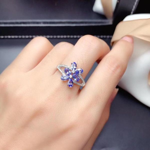 

super 100% real and natural tanzanite rings 925 sterling silver fine jewelry cluster, Golden;silver