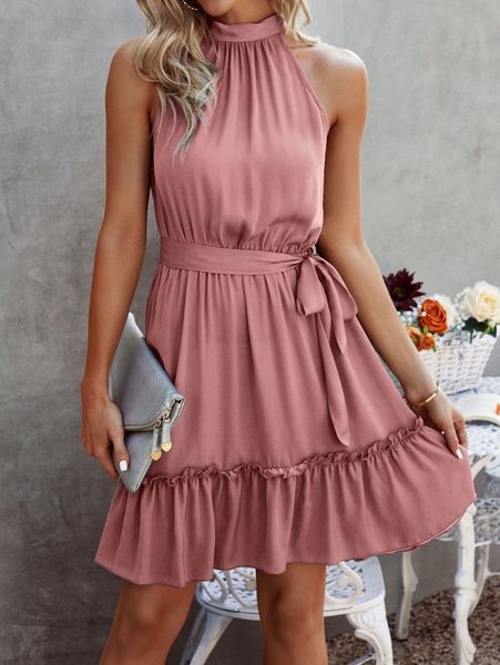 

tie back ruffle hem belted halter dress o2p7#, Black;gray