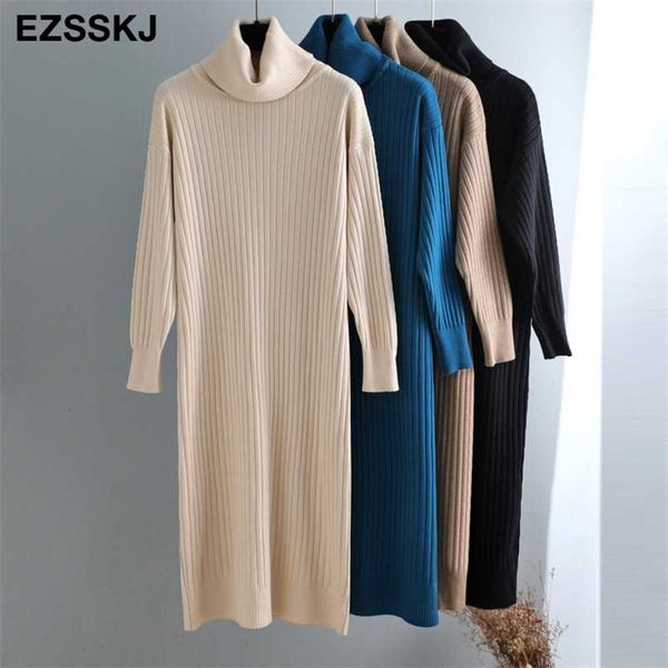 

autumn winter long highneck straight sweater dres casual oversize sweater dresses maix thick basic knit dress 211221, Black;gray