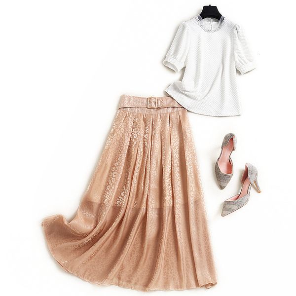 

two piece dress fashion summer runway woman suit elegant sleeve short upper print and skirt high waist 2 piece party clothes 4gom, White