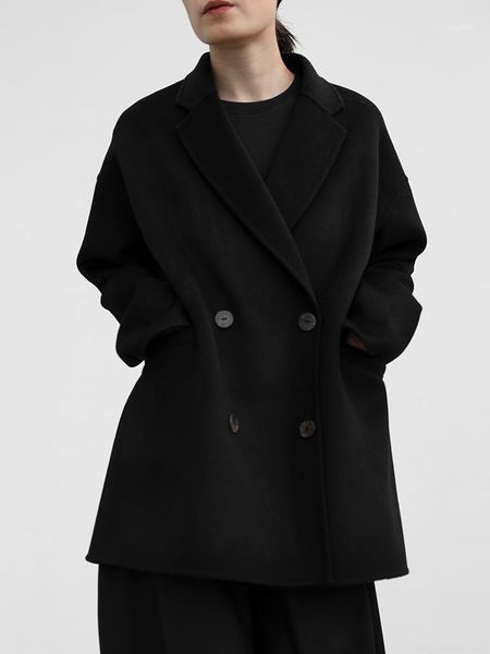 

women's wool & blends jiunine original design and cashmere double-breasted suit collar loose woolen coat blouse women coats, Black