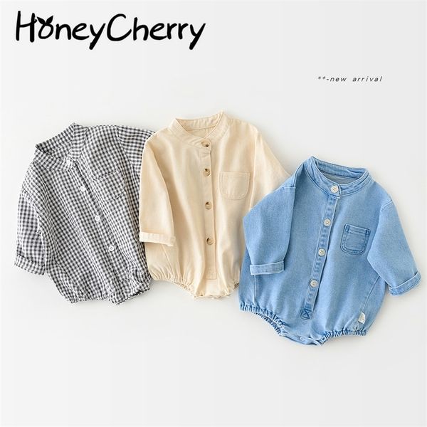 

21 spring korean ins boys and girls striped denim lapel long sleeve khaki born triangle climbing 210702, Blue
