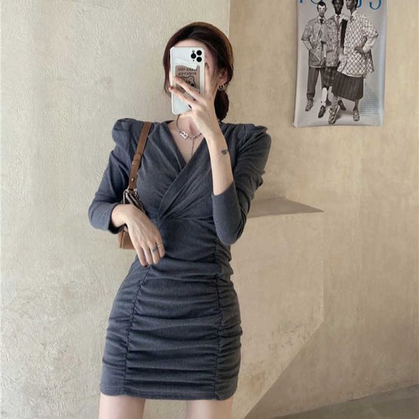 

v-neck slim gray long sleeve dress women fashion base autumn spring close fitting tight short under 210528, Black;gray