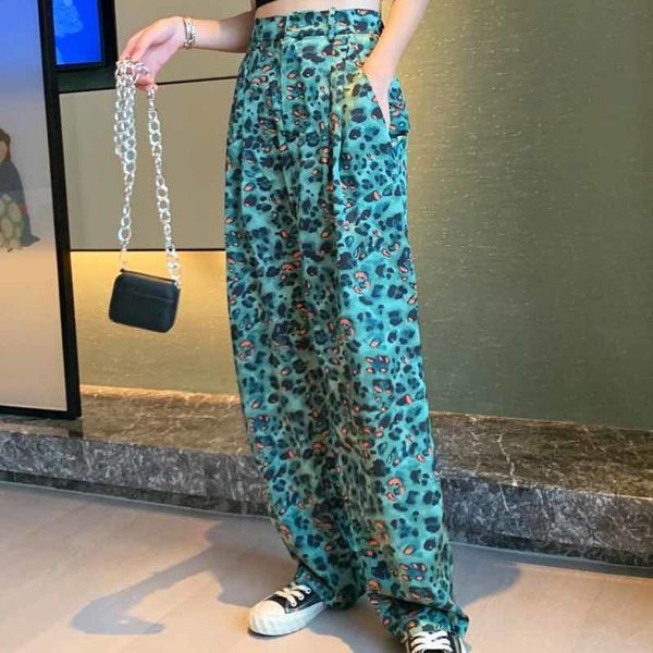 

leopard print high waist wide leg pant satin mopping drape loose casual straight thin trousers bottom 210510, Black;white