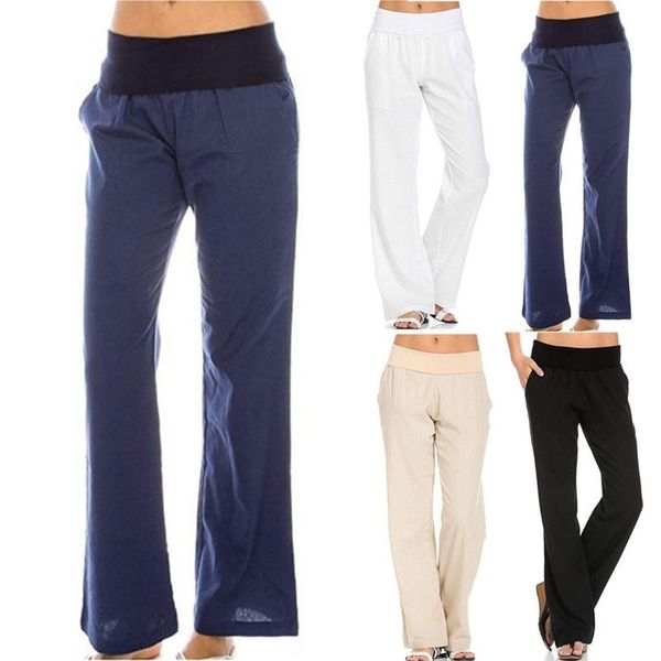 

women's pants & capris women wide leg casual cotton linen straight elastic waist solid summer loose, Black;white