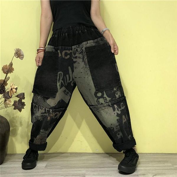 

women's jeans autumn winter arts style plus size vintage print trousers women elastic waist casual cotton denim harem pants m510, Blue