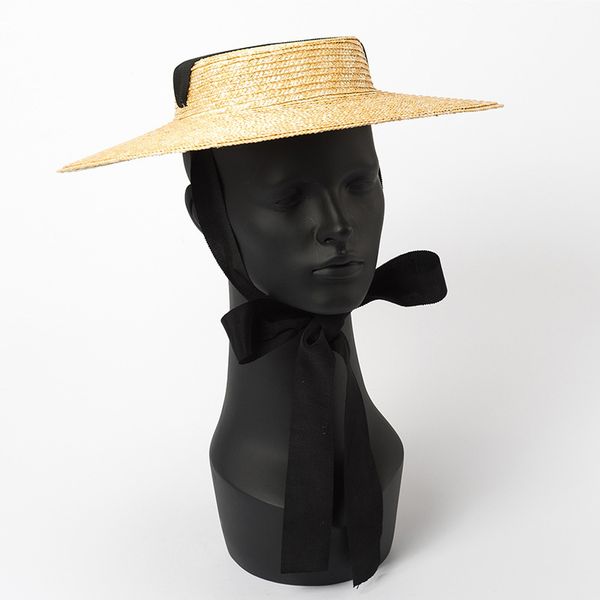

wide brim boater hat 10cm 15cm brim st hat flat women summer kentucky derby hat white black ribbon tie sun beach capg, Blue;gray