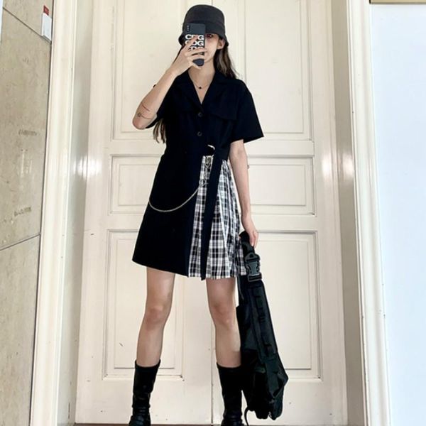 

short sleeve dress women asymmetrical lace up patchwork pleated notched plaid womens korean style trendy elegant casual dresses, Black;gray