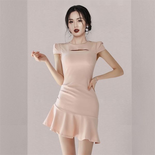 

pink mini dress korean ladies summer short sleeve crew neck cabaret party dress for women 210602, Black;gray