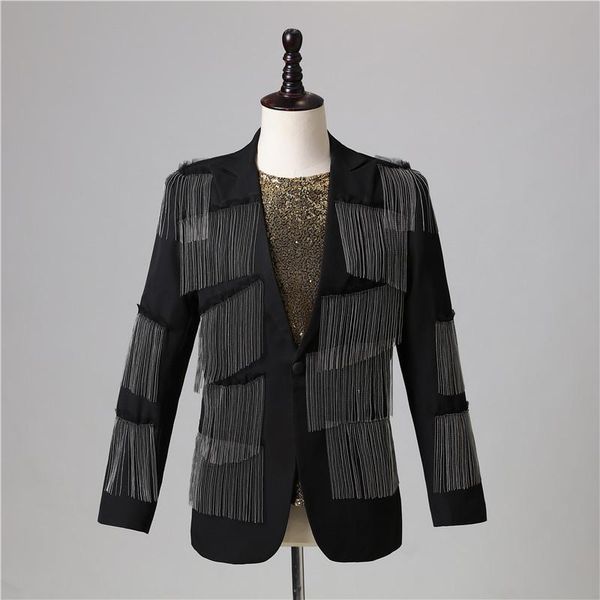 

men's suits & blazers men blazer luxurious black singer performance costume tassel v-neck slim nightclub bar dance jacket wedding dress, White;black