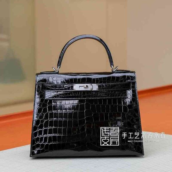 

designer handbags 2021 women's herme bag kellys bag nile crocodile skin black kl28cm silver buckle single shoulder diagonal bag bb
