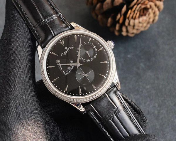 

wristwatches men diamond bezel dual time white automatic mechanical multi-function stainless steel black leather watch sapphire, Slivery;brown